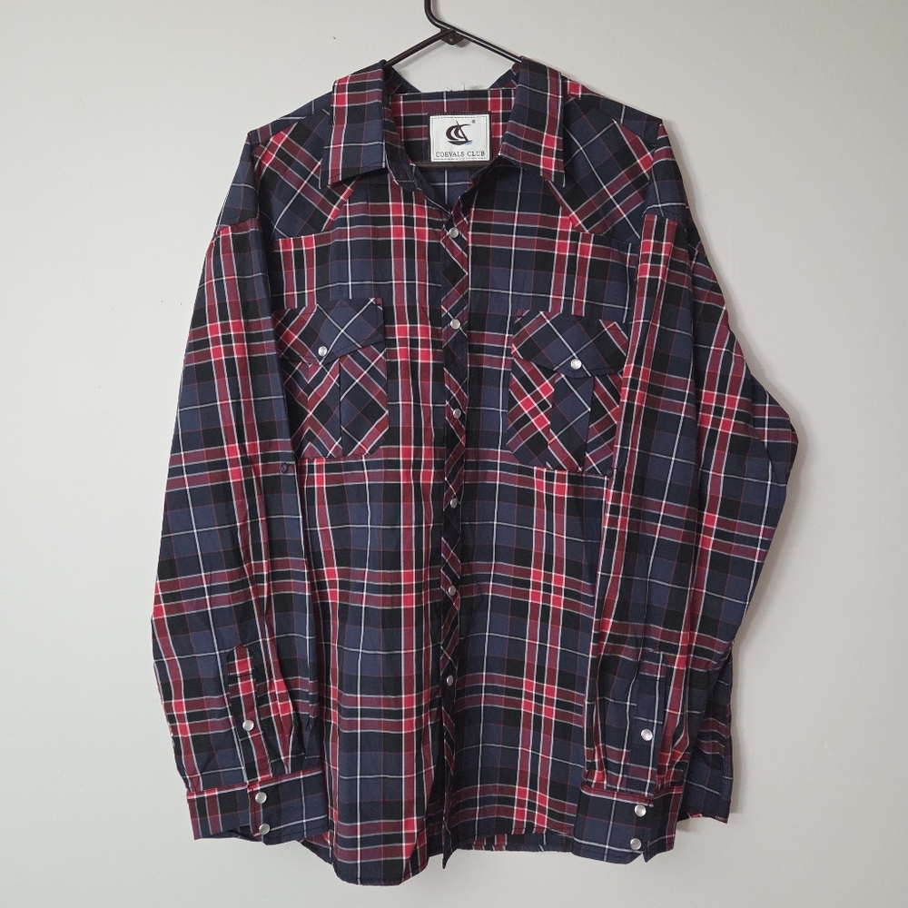 Coevals Club Men's XXL Plaid Pearl Snap Red Black Gray Cowboy